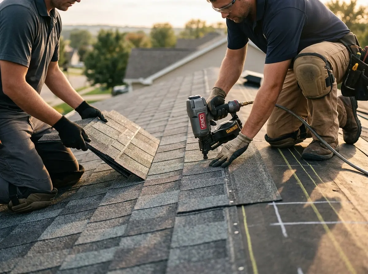 Professional roofer working on a residential roof in Burkburnett